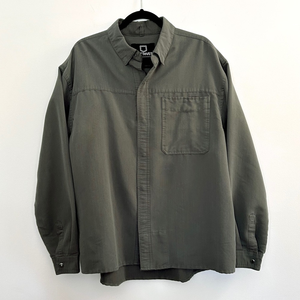 SCOTTeVEST TEC Mens XL Travel Shirt Hidden Pockets Button Long Sleeve Gray Olive